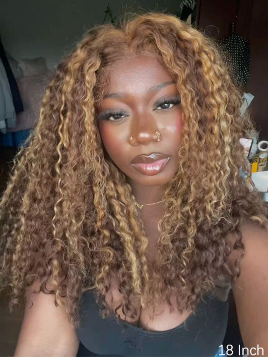 Honey Blonde Highlights Kinky Curly Short Bob Wig Glueless Lace Closure Bob Wigs