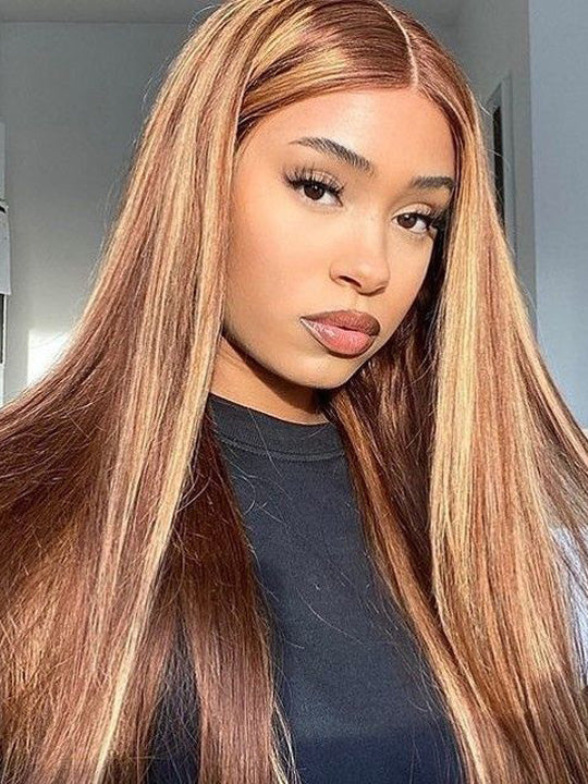 Kisslove Brown Highlights Straight Human Hair Wigs Pre-bleached Invisi Strap Snug Fit 360 Lace Frontal Wig - Kisslove Hair