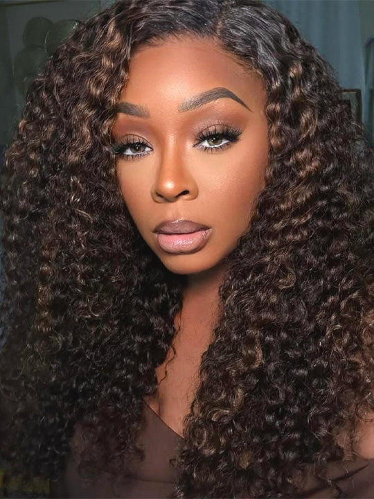 Kisslove Black Hair With Brown Highlights Water Wave Wig Pre Everything Invisi Drawstring 360 Lace Frontal Wig - Kisslove Hair