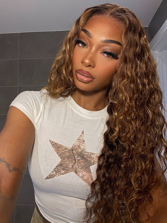 Honey Blonde Highlight Water Wave 13x6 Lace Frontal Wig Bleached Bye Bye Knots Glueless Lace Wigs