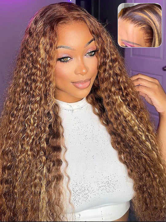 Honey Blonde Highlight Water Wave 13x6 Lace Frontal Wig Bleached Bye Bye Knots Glueless Lace Wigs
