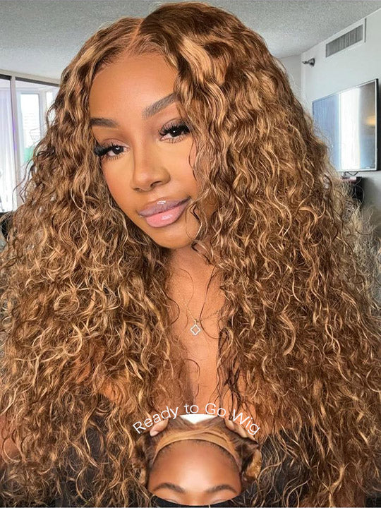 Honey Blonde Highlight Water Wave 13x6 Lace Frontal Wig Bleached Bye Bye Knots Glueless Lace Wigs