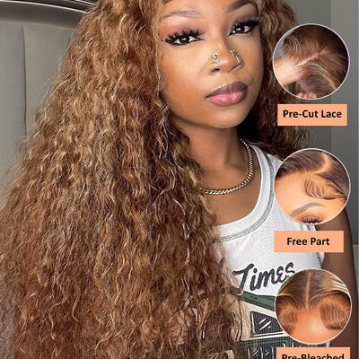 Honey Blonde Highlight Water Wave 13x6 Lace Frontal Wig Bleached Bye Bye Knots Glueless Lace Wigs - KissLove Hair