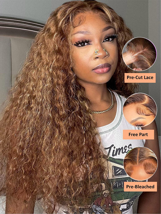 Honey Blonde Highlight Water Wave 13x6 Lace Frontal Wig Bleached Bye Bye Knots Glueless Lace Wigs