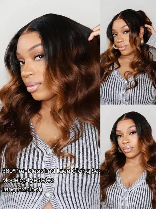 [80% Off] Ombre Brown Loose Body Wave 360 Lace Wig with Rich Brown Highlight Human Hair Wig