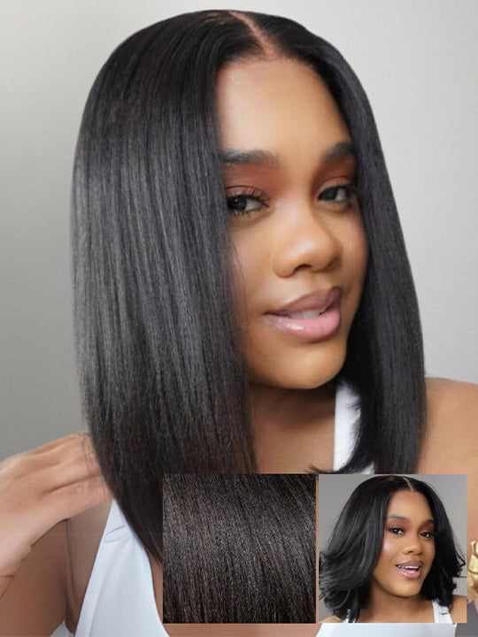 Kisslove Hair Yaki Straight Glueless Bob Wigs Layered Cut Pre Styled Wear & Go Short Bob Wig