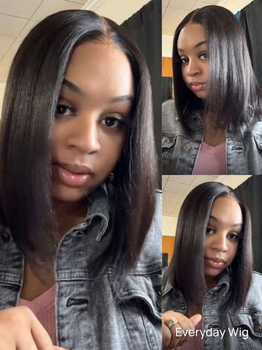 Kisslove Hair Yaki Straight Glueless Bob Wigs Layered Cut Pre Styled Wear & Go Short Bob Wig