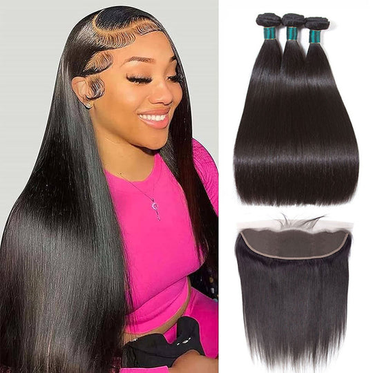 Bone Straight Human Hair 3 Bundles With 13x4 HD Lace Frontal 12A Virgin Hair Weaves - KissLove Hair