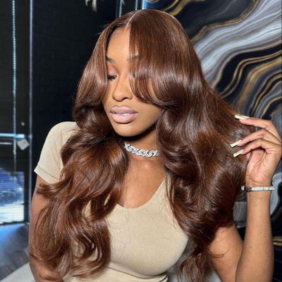Layered Chocolate Brown Wig With Curtain Bangs 3D Body Wave Lace Front Human Hair Wigs - KissLove Hair
