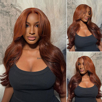 Layered Reddish Brown Wig With Curtain Bangs 3D Body Wave Lace Front Wigs - KissLove Hair