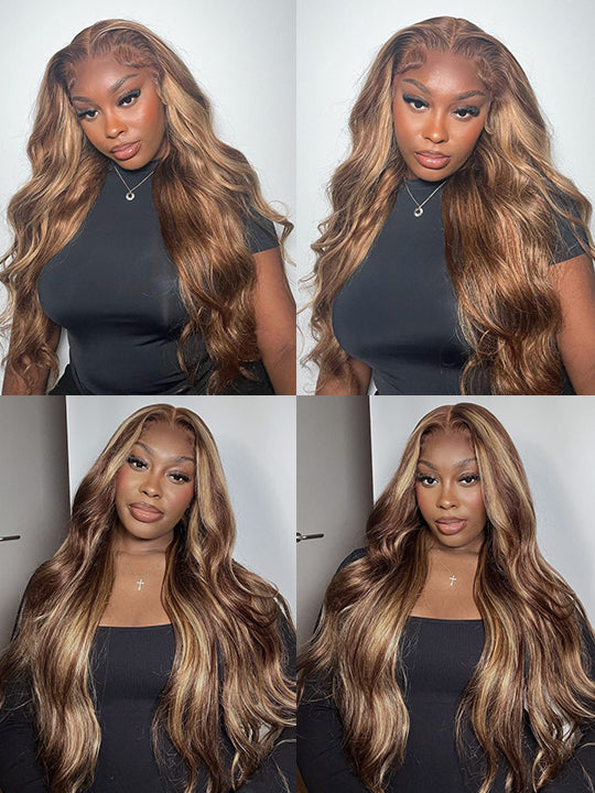 Kisslove Honey Blonde Highlights Body Wave Invisi-Drawstring Snug Fit 360 Lace Wig Glueless Human Hair Wigs