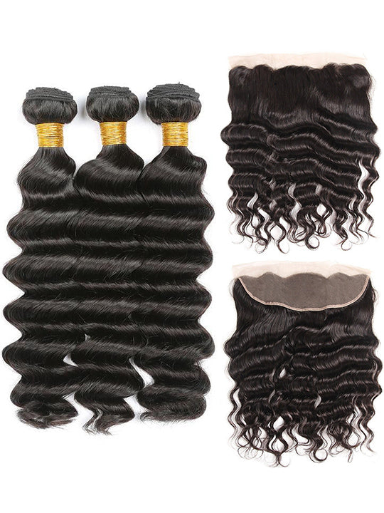 13*4 HD Lace Frontal With Bundles Loose Deep Wave 12A Brazilian Virgin Hair Weave - KissLove Hair