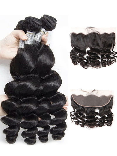 13*4 HD Lace Frontal Closure With Bundles Loose Wave 12A Brazilian Virgin Hair Weaves - KissLove Hair