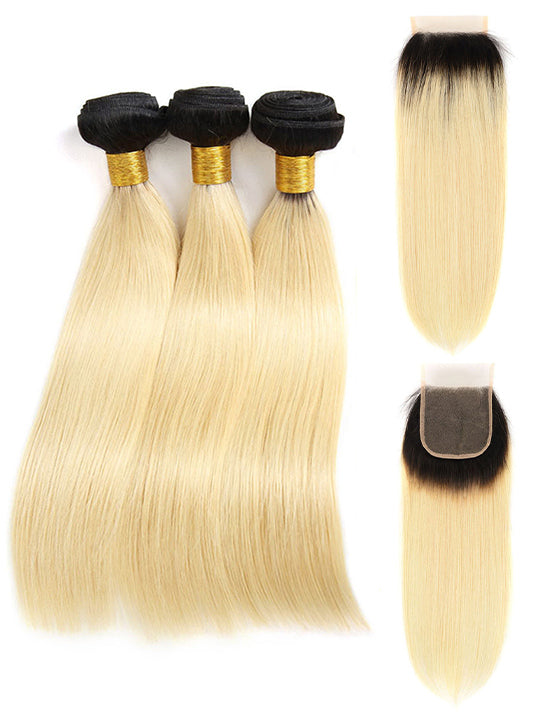 613 Blonde Hair With Black Roots Bundles With Closure Braizlian Straight Human Hair - KissLove Hair