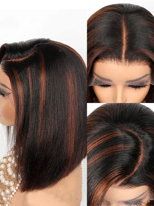 [2 Wigs=$99] 4x4 Pre-Cut Lace Closure Yaki Straight Hair 8 Inch Short Bob Wig
