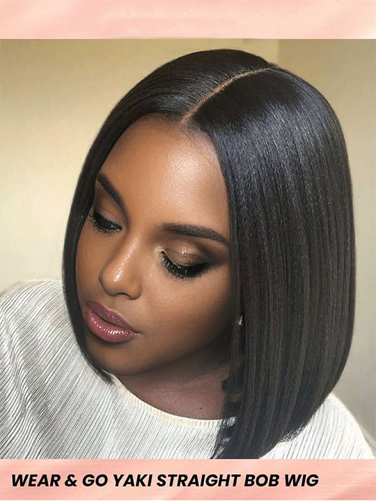 [2 Wigs=$99] 4x4 Pre-Cut Lace Closure Yaki Straight Hair 8 Inch Short Bob Wig
