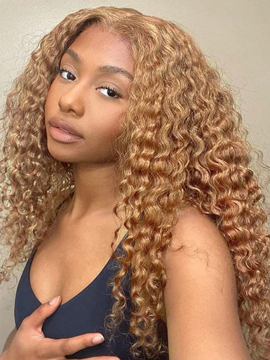 27 Light Brown Curly Wig Deep Wave 13x4 Lace Frontal Human Hair Wigs