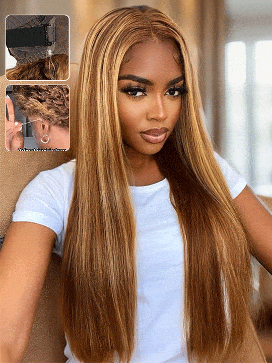 Kisslove Brown Highlights Straight Human Hair Wigs Pre-bleached Invisi Strap Snug Fit 360 Lace Frontal Wig - Kisslove Hair
