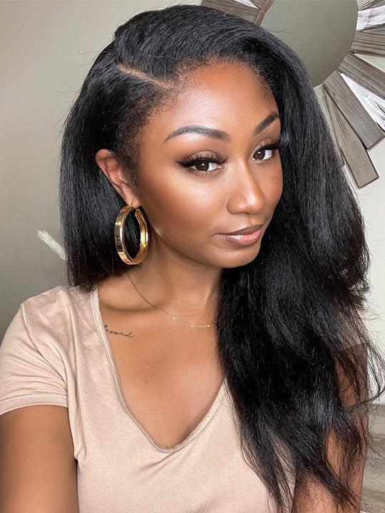 [4C Wig] Kinky Straight Hair With Kinky Curly Edges 100% Human Hair Pull & Go Drawstring Wig