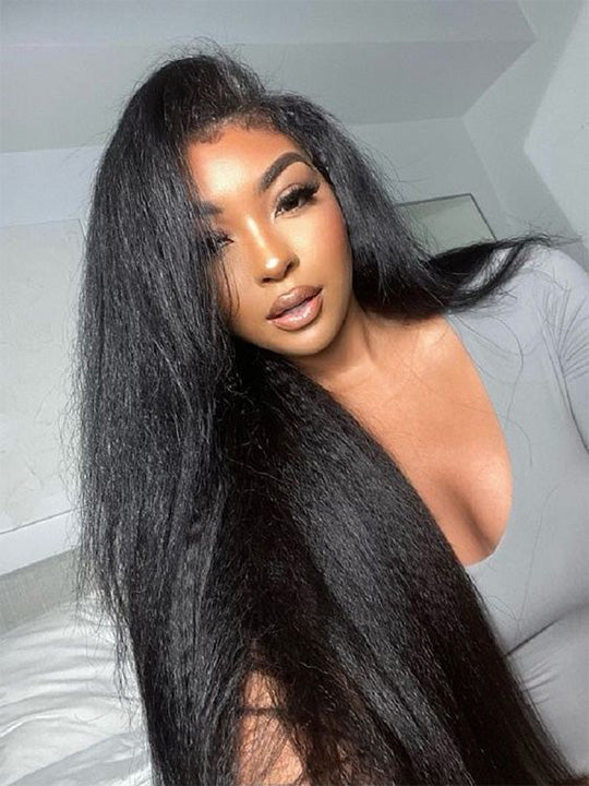 [4C Wig] Kinky Straight Hair With Kinky Curly Edges 100% Human Hair Pull & Go Drawstring Wig