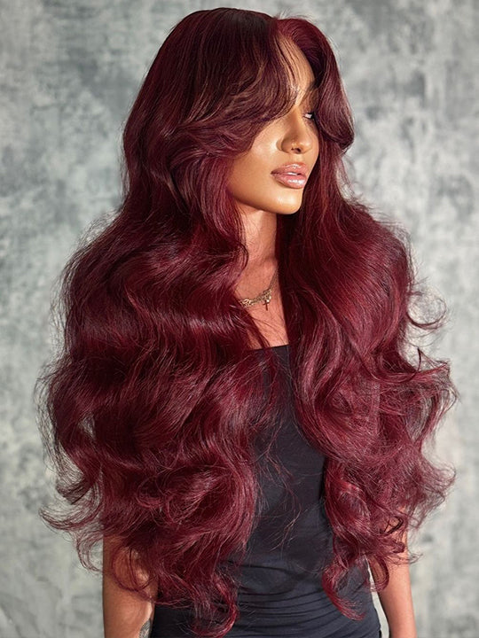 99j Burgundy Colored 3D Body Wave Glueless 4x4 Lace Closure Wig Human Hair - KissLove Hair