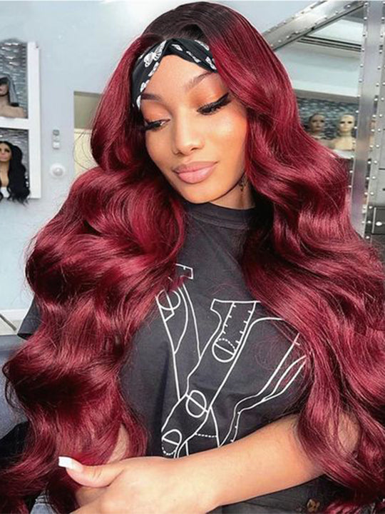 99J Burgundy Hair Headband Wig With Black Roots 3D Body Wave Human Hair Wigs - KissLove Hair