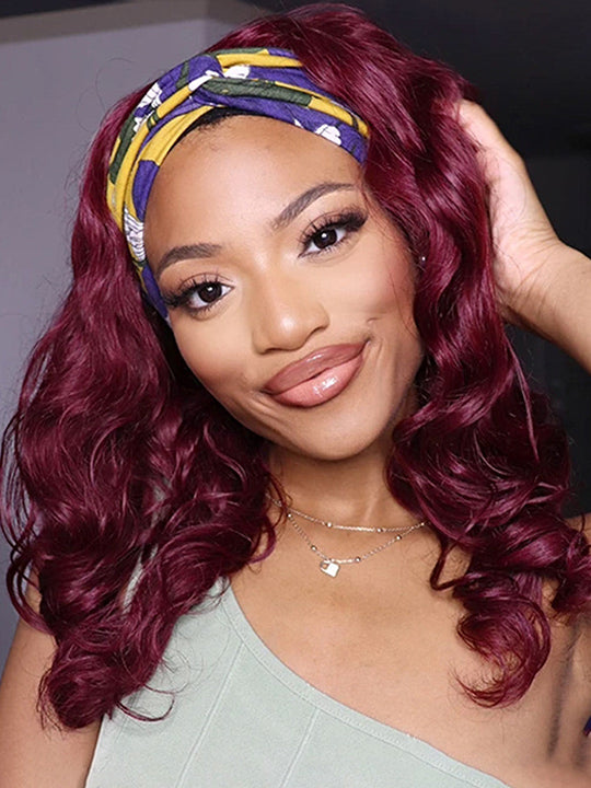 99J Burgundy Hair Headband Wig With Black Roots 3D Body Wave Human Hair Wigs - KissLove Hair