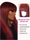 99J Burgundy Human Hair Wig With Bangs 10A Silky Straight Hair Machine Made Wigs - KissLove Hair