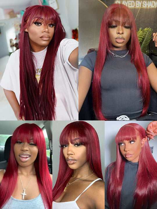 99J Burgundy Human Hair Wig With Bangs 10A Silky Straight Hair Machine Made Wigs - KissLove Hair