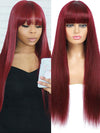 99J Burgundy Human Hair Wig With Bangs 10A Silky Straight Hair Machine Made Wigs - KissLove Hair