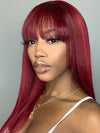 99J Burgundy Human Hair Wig With Bangs 10A Silky Straight Hair Machine Made Wigs - KissLove Hair