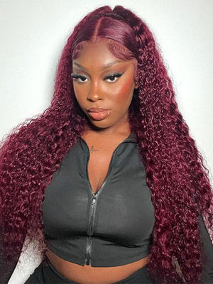 99J Dark Red Hair Jerry Curly Burgundy Wig 13x4 13x6 360 Transparent Lace Human Hair Wigs - KissLove Hair