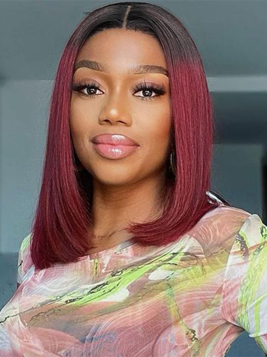 99J Red Burgundy Wig Bob 4x4 Lace Closure Human Hair Wigs Straight Hair - KissLove Hair