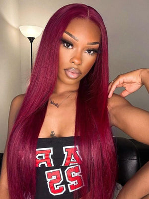 99J Silky Straight Hair Burgundy Color 13x4 13x6 Transparent HD Lace Front Human Hair Wigs - KissLove Hair