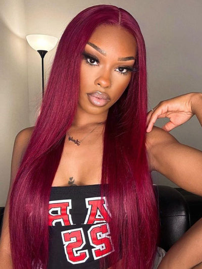 99J Silky Straight Hair Burgundy Color 13x4 13x6 Transparent HD Lace Front Human Hair Wigs - KissLove Hair