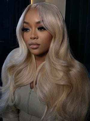 Ash Blonde Layered & Curtain Bangs 3D Body Wave 13x6 Lace Frontal Pull Go Human Hair Wigs - KissLove Hair