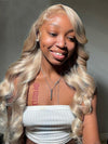 Ash Blonde Hair With Curtain Bangs Wig Glueless 5x5 Lace Front Wigs 3D Body Wave