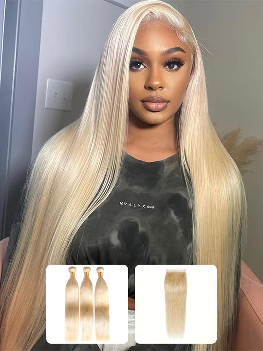 Ash Blonde Bundles With 5x5 13x4 Lace Frontal Closure Straight Human Hair - KissLove Hair