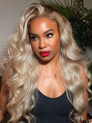 Ombre Ash Blonde Body Wave Wig Blonde Hair With Brown Roots Transparent Full Lace Frontal Wigs - KissLove Hair
