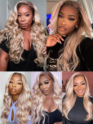 Ombre Ash Blonde Body Wave Wig Blonde Hair With Brown Roots Transparent Full Lace Frontal Wigs - KissLove Hair