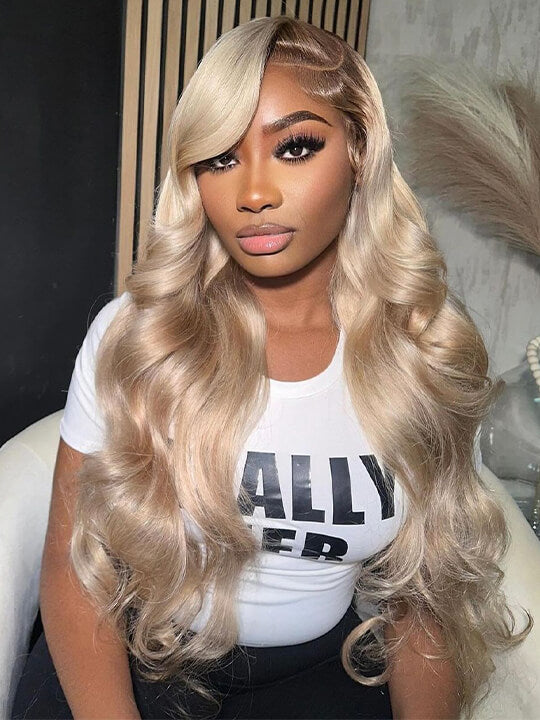 Ombre Ash Blonde Body Wave Wig Blonde Hair With Brown Roots Transparent Full Lace Frontal Wigs - KissLove Hair