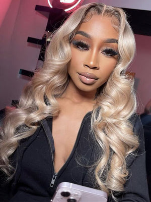 Ombre Ash Blonde Body Wave Wig Blonde Hair With Brown Roots Transparent Full Lace Frontal Wigs - KissLove Hair