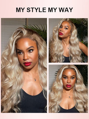 Ombre Ash Blonde Body Wave Wig Blonde Hair With Brown Roots Transparent Full Lace Frontal Wigs - KissLove Hair