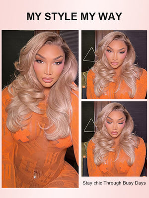 Ombre Ash Blonde Body Wave Wig Blonde Hair With Brown Roots Transparent Full Lace Frontal Wigs - KissLove Hair