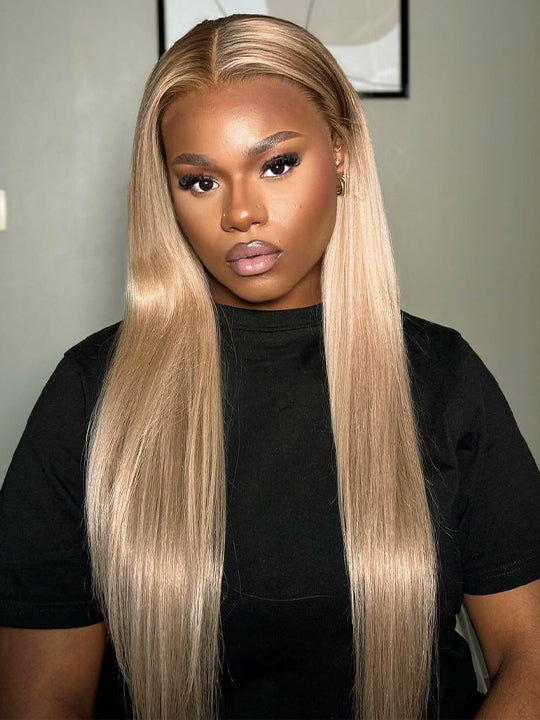 Ombre Ash Blonde Straight Hair Body Wave 13x4 Transparent Lace Frontal Wig Blonde With Brown Roots Hair - KissLove Hair