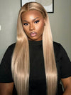 Ombre Ash Blonde Straight Hair Body Wave 13x4 Transparent Lace Frontal Wig Blonde With Brown Roots Hair
