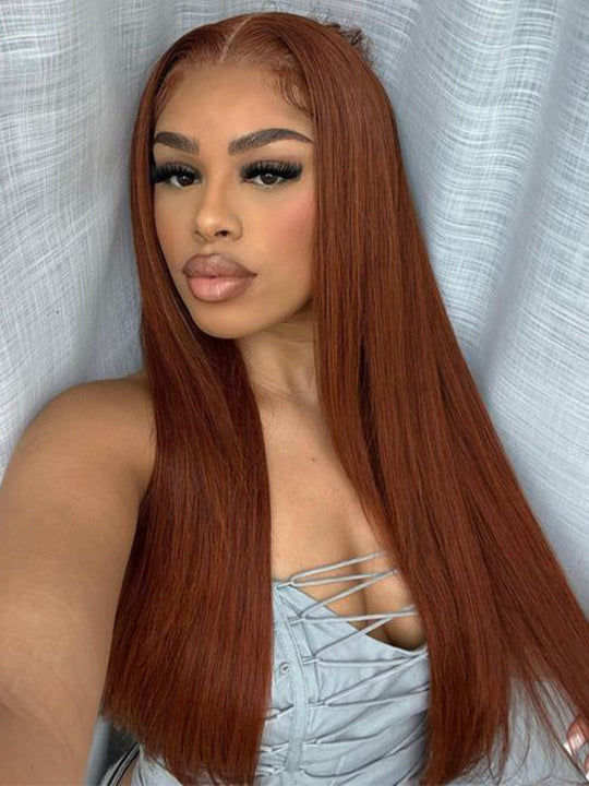 #35 Auburn Hair Wig Silky Straight 5x5 13x4 13x6 Transparent Lace Human Hair Wigs - KissLove Hair