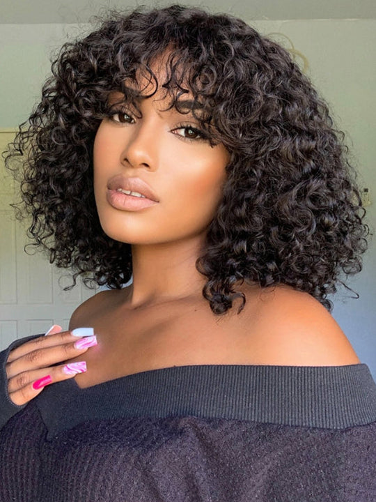 [Clearance] Bob Wig With Bangs Curly Hair 3x1 Lace Glueless Wig 100% Human Hair