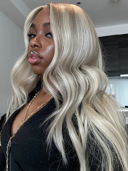 Balayage blond sur perruques brunes de vague de corps 5x5 HD cheveux humains en dentelle transparente