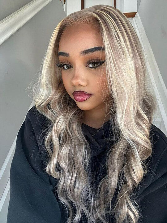 Balayage blond sur perruques brunes de vague de corps 5x5 HD cheveux humains en dentelle transparente